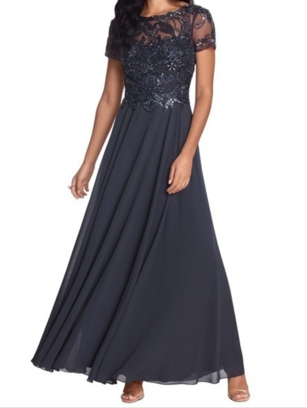 Xscape Gray Beaded Illusion Neck Maxi Gown